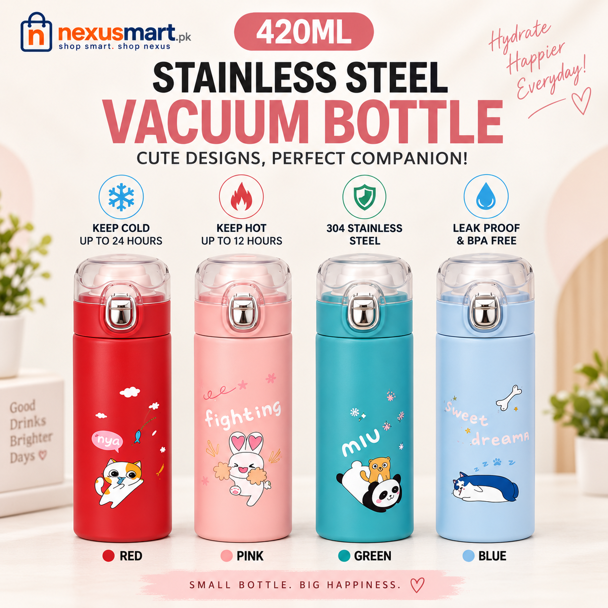 420ml Cute Printed Stainless Steel Water Bottle – Compact Reusable Drink Bottle