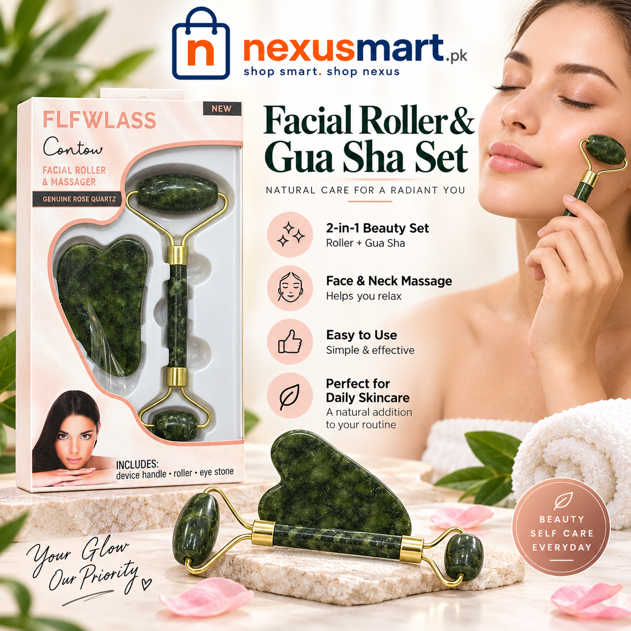 Marble Jade Roller with Gua Sha Stone – Facial Massage Tool Set