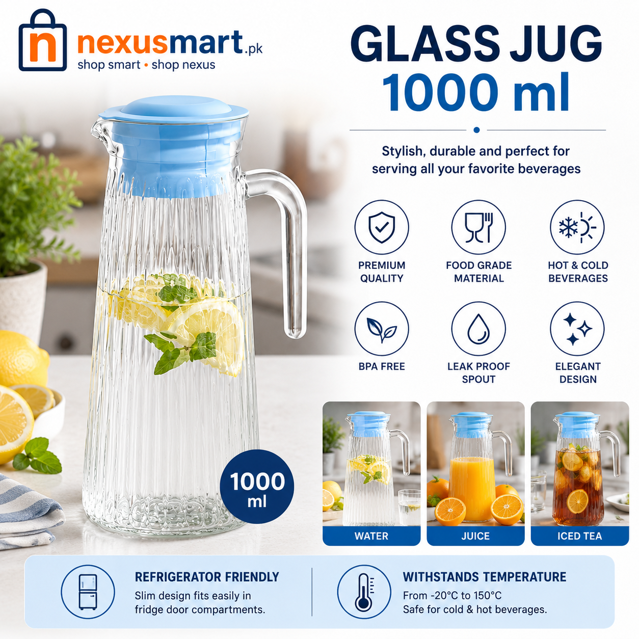 1000 ml Glass Jug with Lid & Handle – Hot & Cold Beverage Pitcher