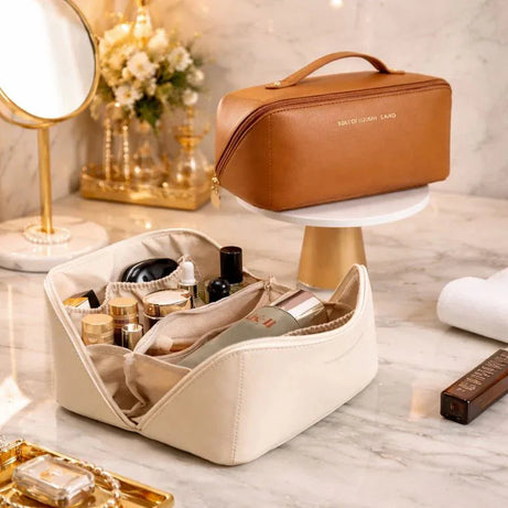 Classy Leather Cosmetic Bag – Portable Travel Makeup Pouch