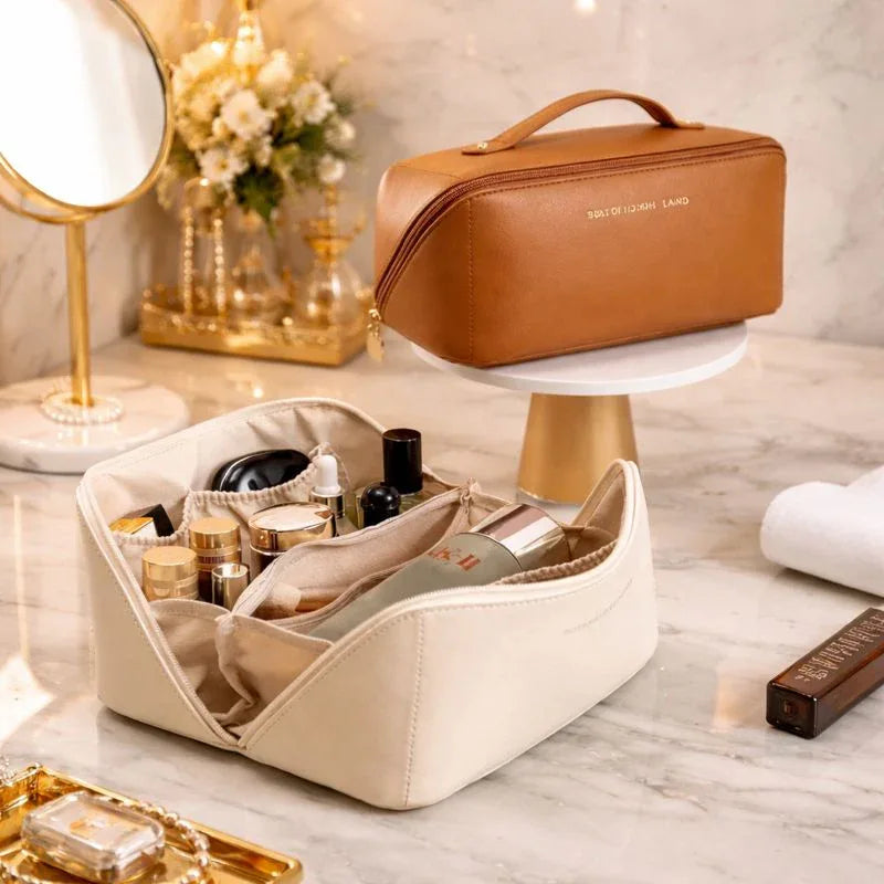 Classy Leather Cosmetic Bag – Portable Travel Makeup Pouch