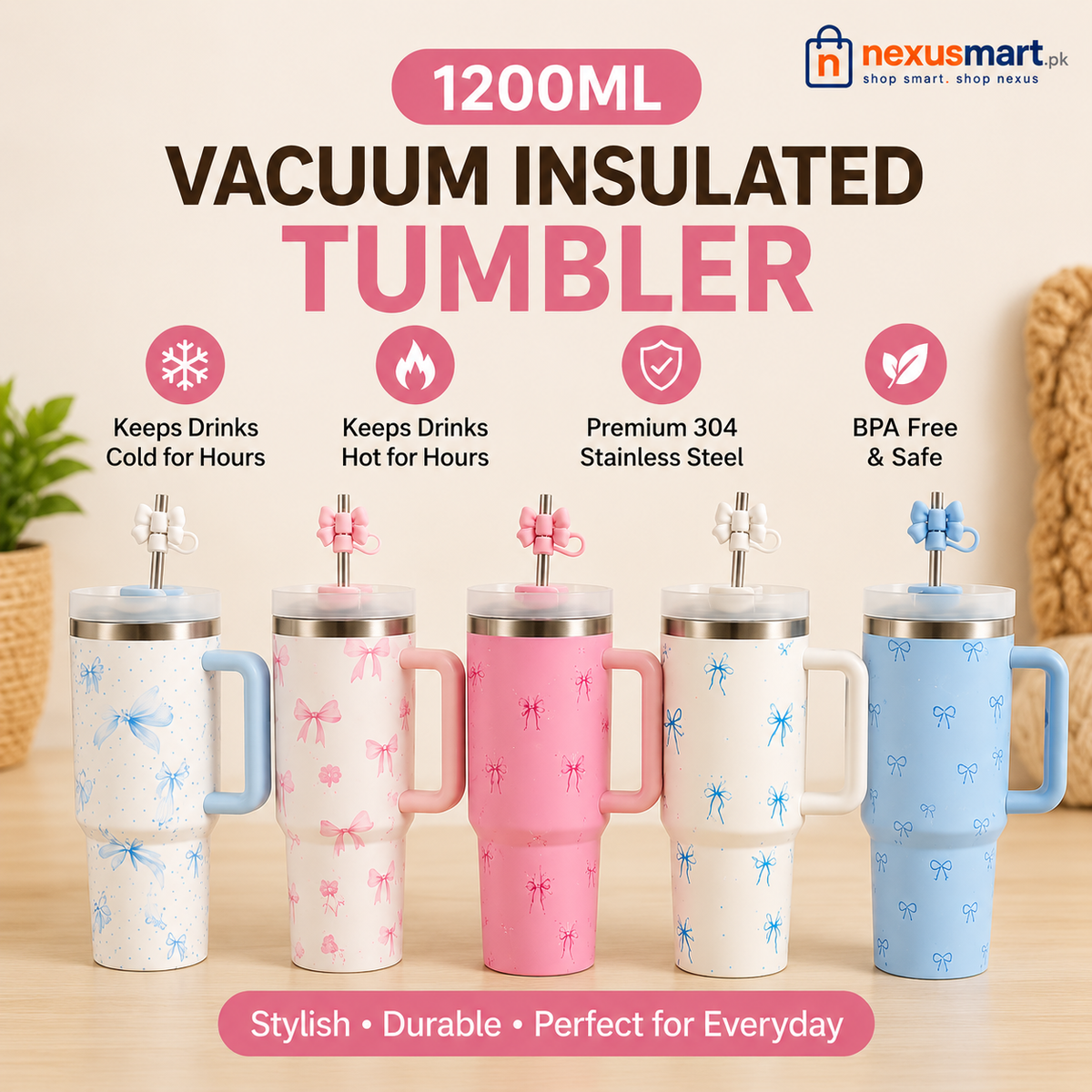 1200ml Bow Design Vacuum Tumbler – Large Insulated Drink Cup