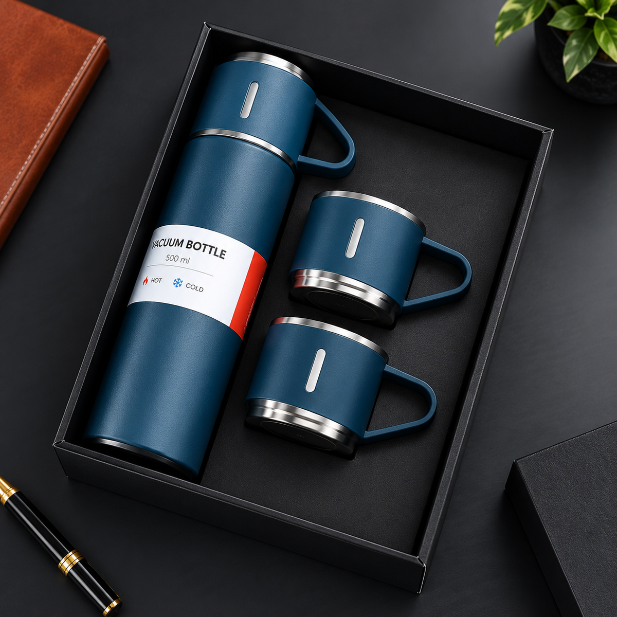 3-Cup Double-Layer Stainless Steel Vacuum Flask Set – Serving Flask with Cups