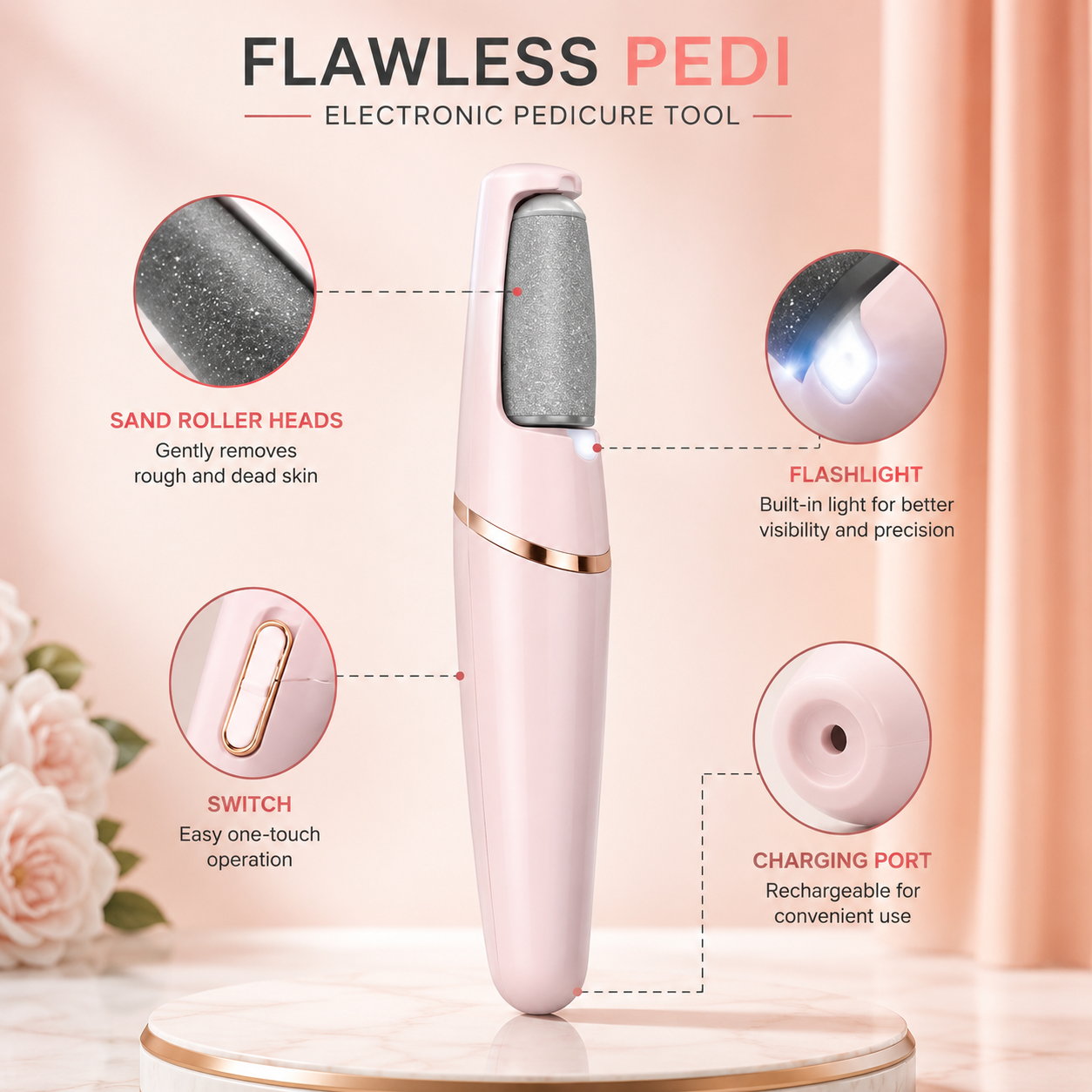 Flawless Pedi Electronic Pedicure Tool with Dual Speed & 2 Roller Heads