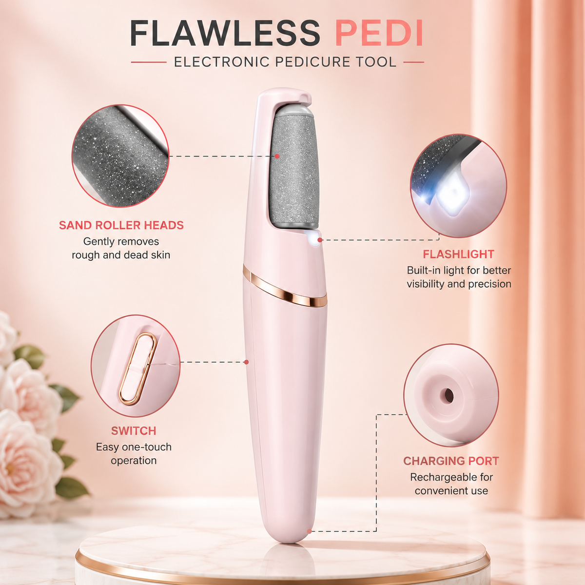 Flawless Pedi Electronic Pedicure Tool with Dual Speed & 2 Roller Heads