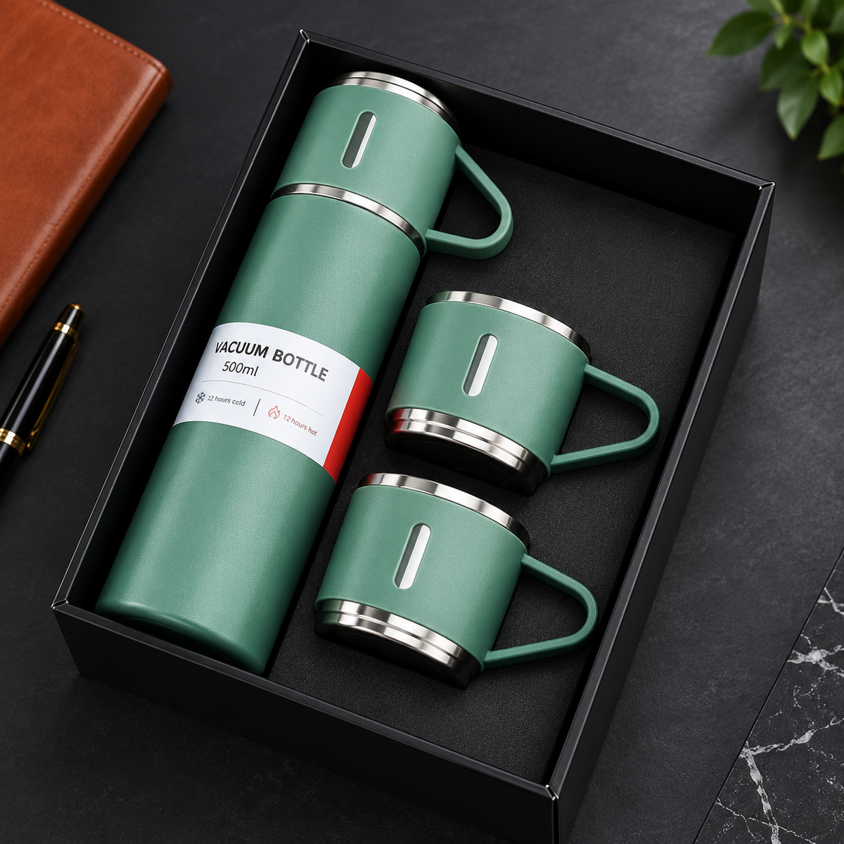 3-Cup Double-Layer Stainless Steel Vacuum Flask Set – Serving Flask with Cups