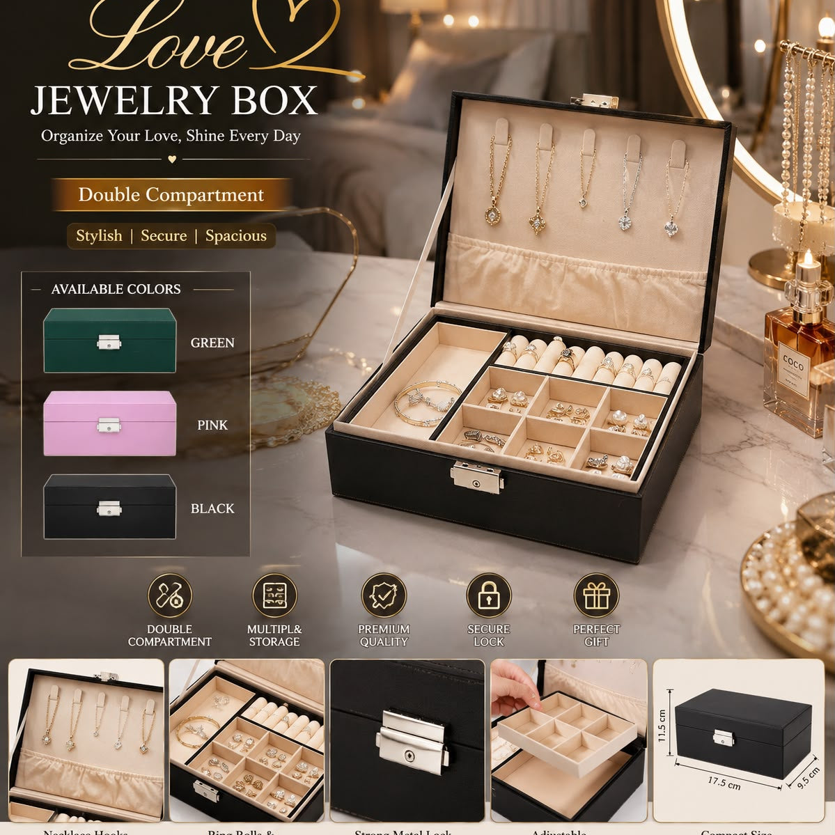 Ragzin Jewellery Box with Multi-Compartment Storage – Necklace, Ring & Earring Organizer