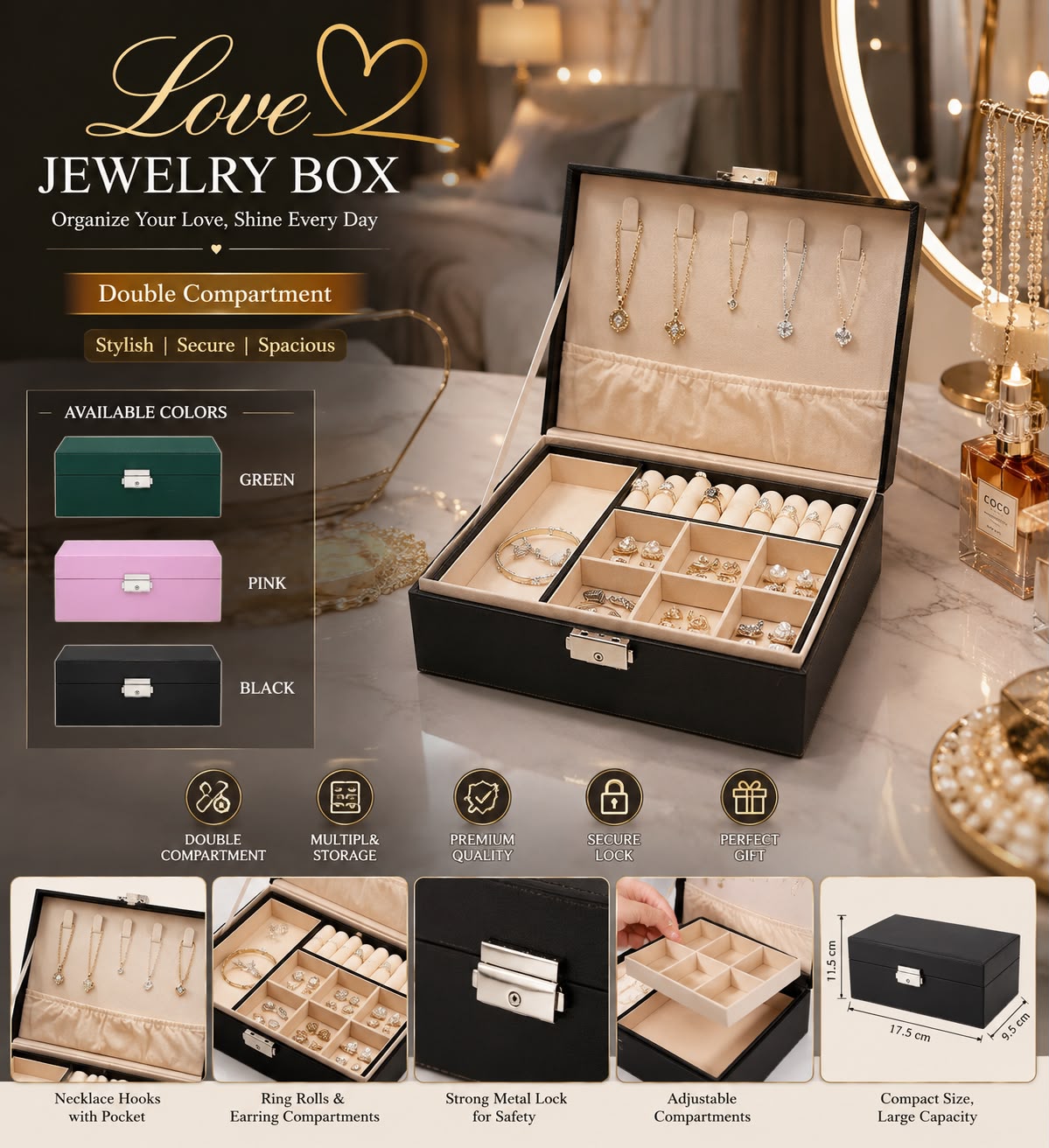 Ragzin Jewellery Box with Multi-Compartment Storage – Necklace, Ring & Earring Organizer