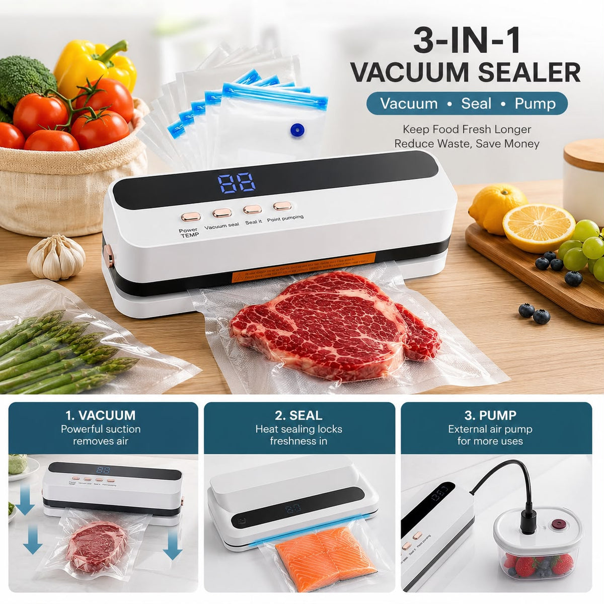3-in-1 Rechargeable Digital Vacuum Sealer with Air Pump – Vacuum, Seal & Pump