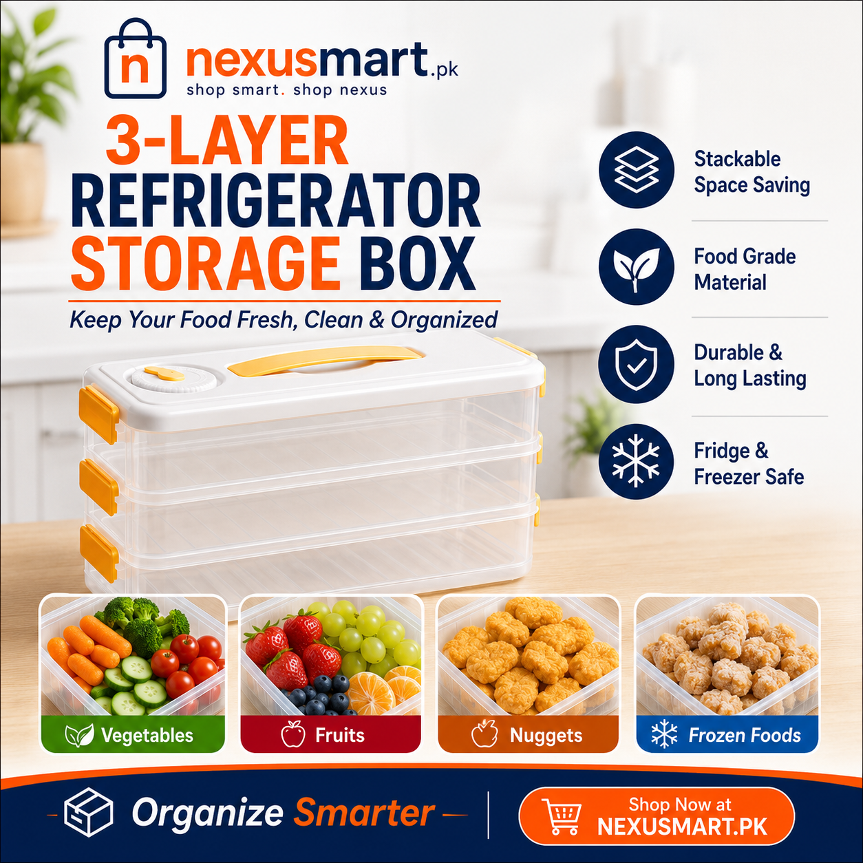 3 Layer Refrigerator Storage Box with Handle – Stackable Fridge Organizer | NexusMart.pk