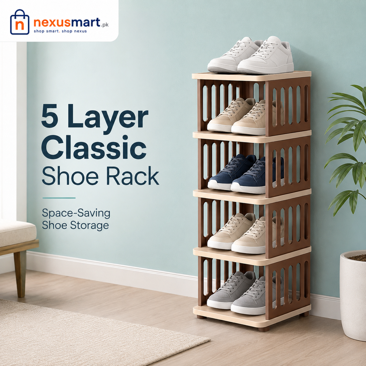 5 Layer Classic Plastic Shoe Rack – Space-Saving Multi-Level Shoe Organizer