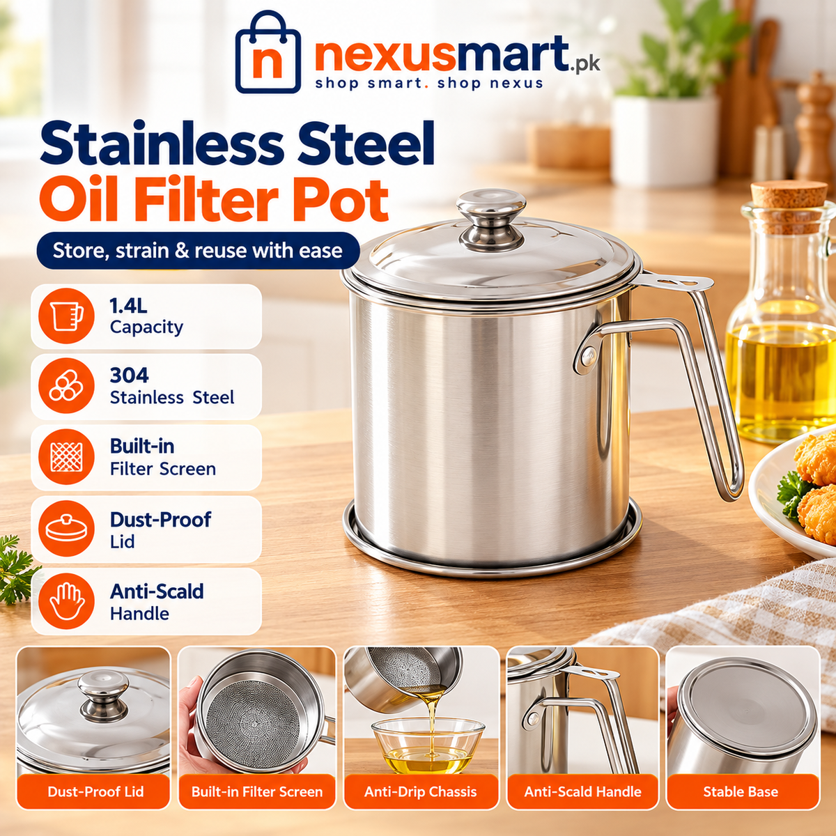 1.4L Stainless Steel Oil Filter Pot – Cooking Oil Strainer & Storage Container