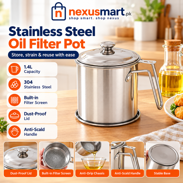 1.4L Stainless Steel Oil Filter Pot – Cooking Oil Strainer & Storage Container