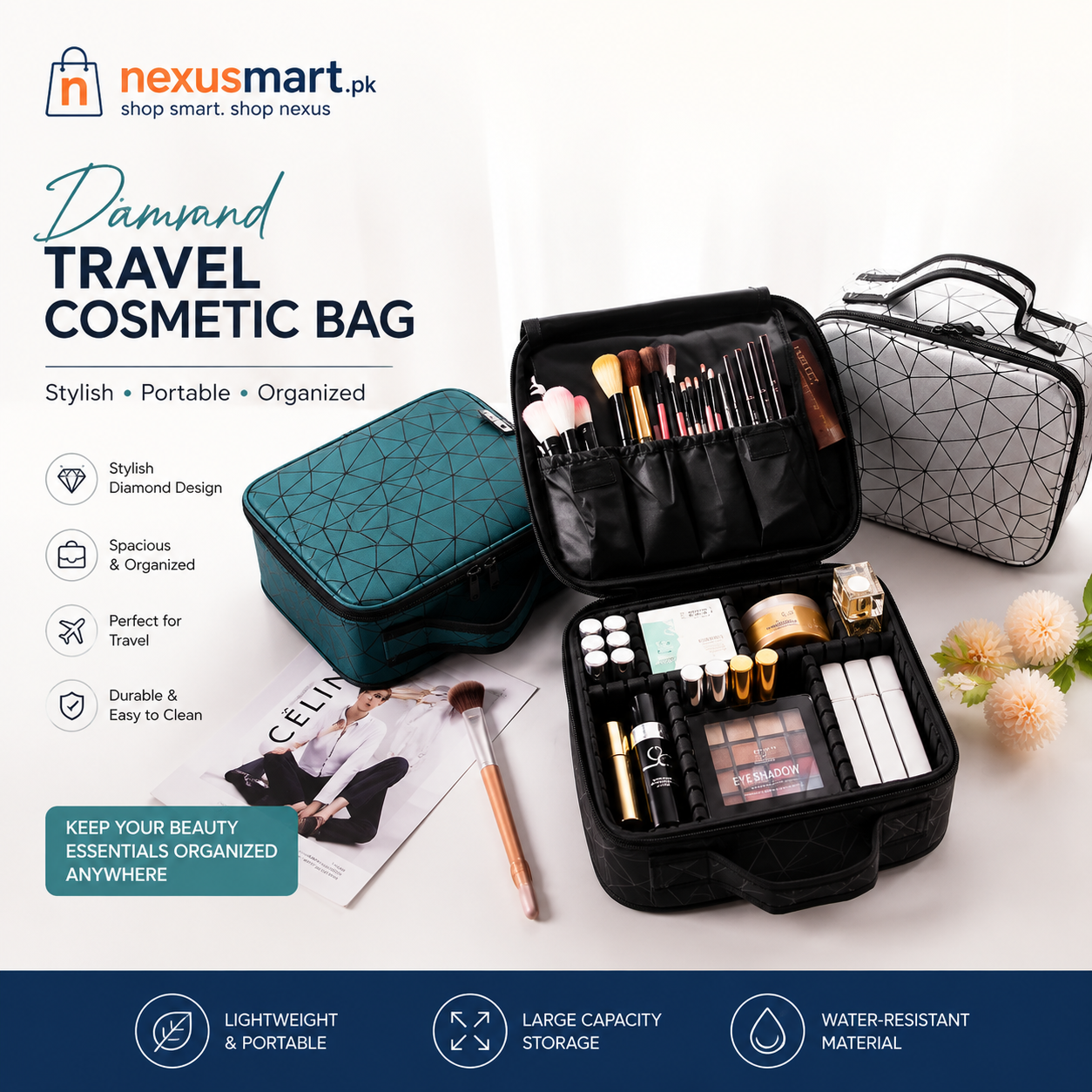 Diamond Travel Cosmetic Bag – Spacious Makeup & Beauty Organizer