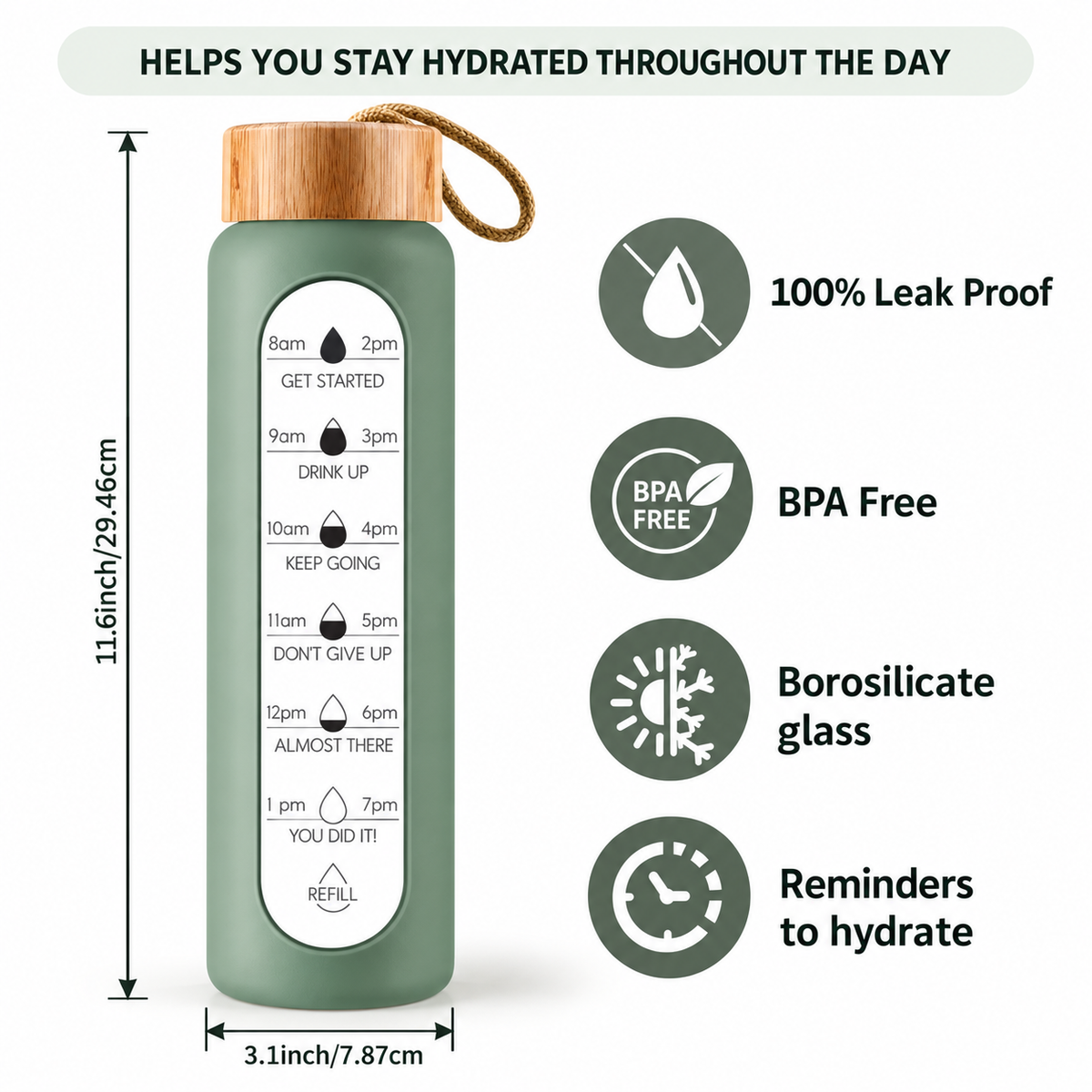 1L Borosilicate Glass Water Bottle with Silicone Sleeve & Bamboo Lid