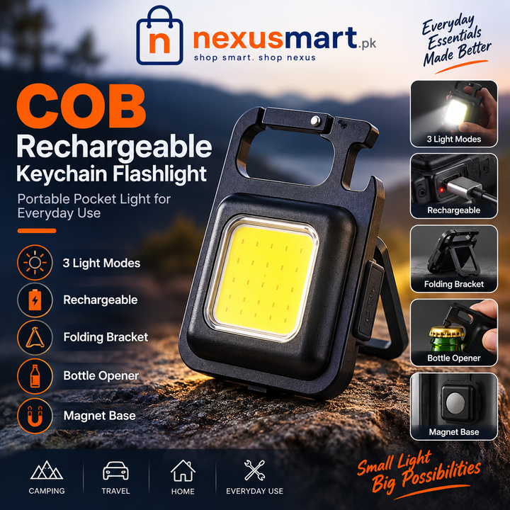 COB Rechargeable Keychain Flashlight – 3-Mode Pocket Light with Magnet & Stand