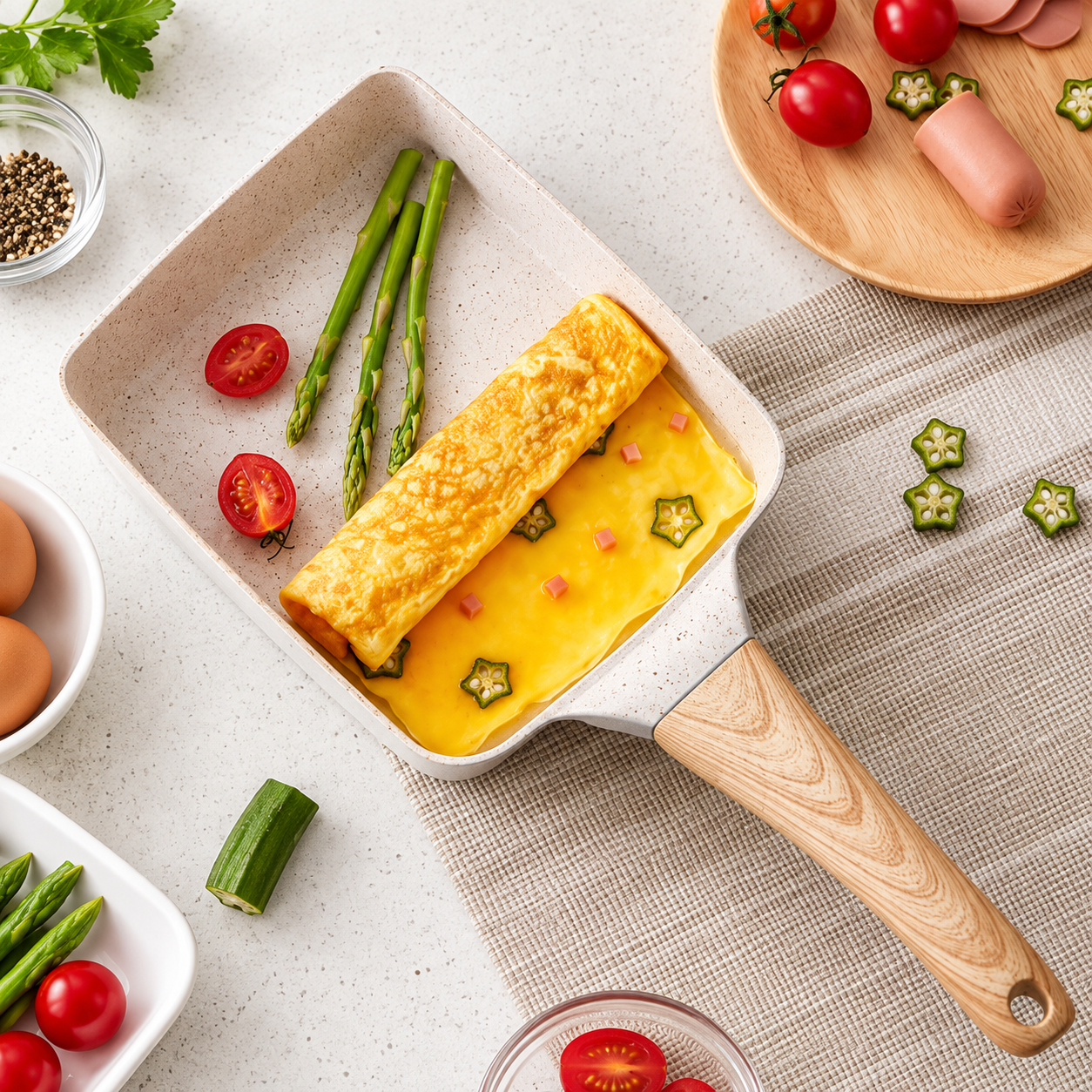 Square Ceramic Non-Stick Frying Pan with Wooden Handle – Omelette & Tamagoyaki Pan