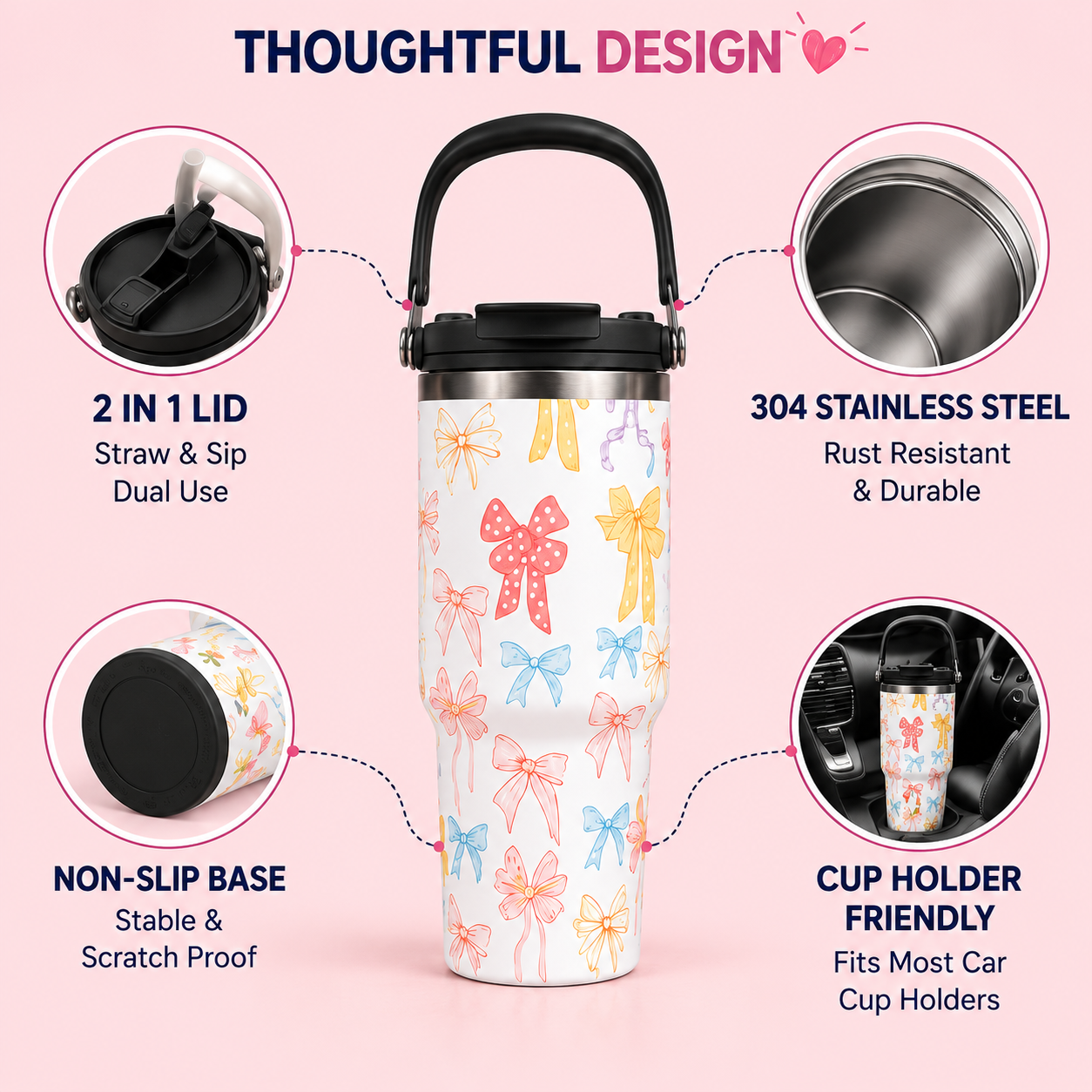 900ml Bow Design Tumbler – Cute Large Capacity Drink Cup