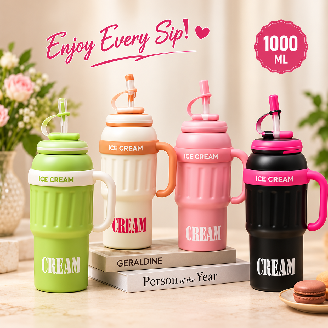 1000ml Ice Cream Design Vacuum Tumbler – Large Reusable Drink Cup