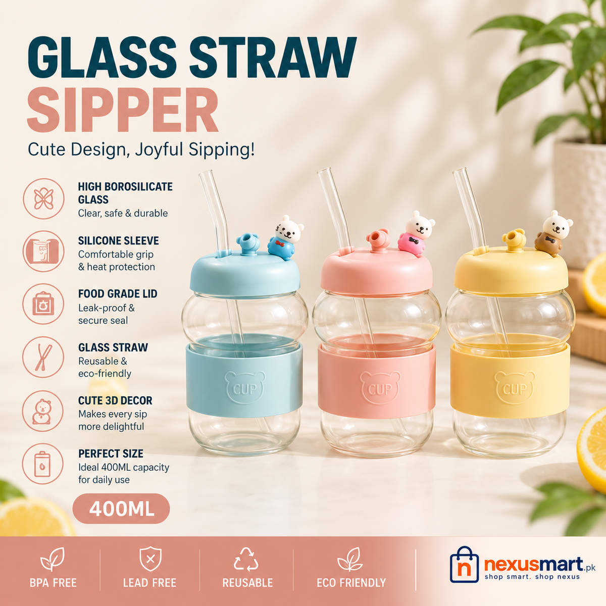 Cute Glass Straw Sipper – Reusable Stylish Drinking Cup