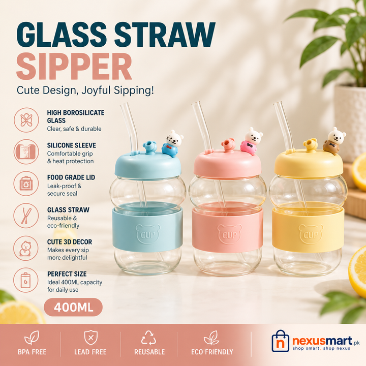 Cute Glass Straw Sipper – Reusable Stylish Drinking Cup