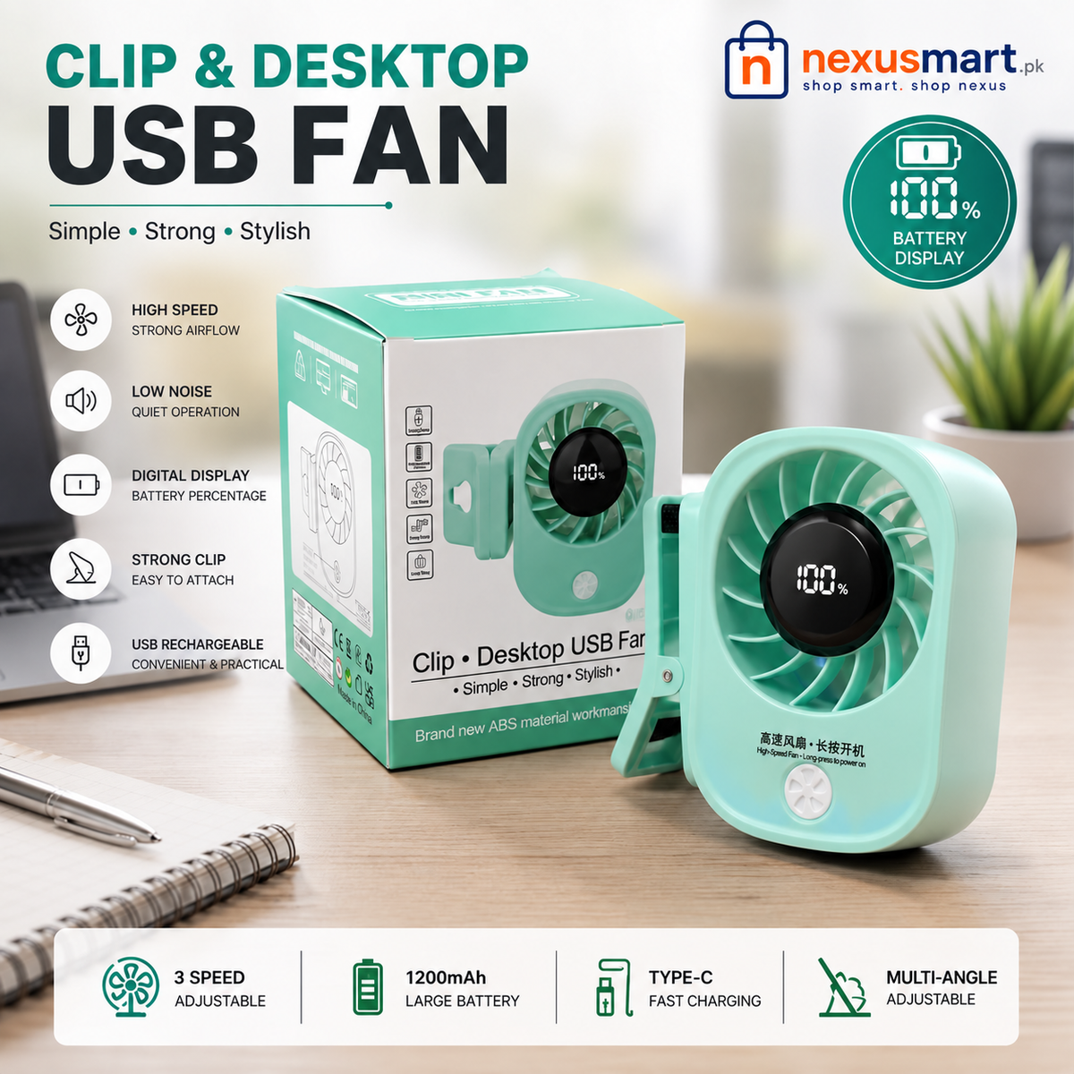 2-in-1 Clip & Desktop Portable Turbo Fan – Digital Personal Fan