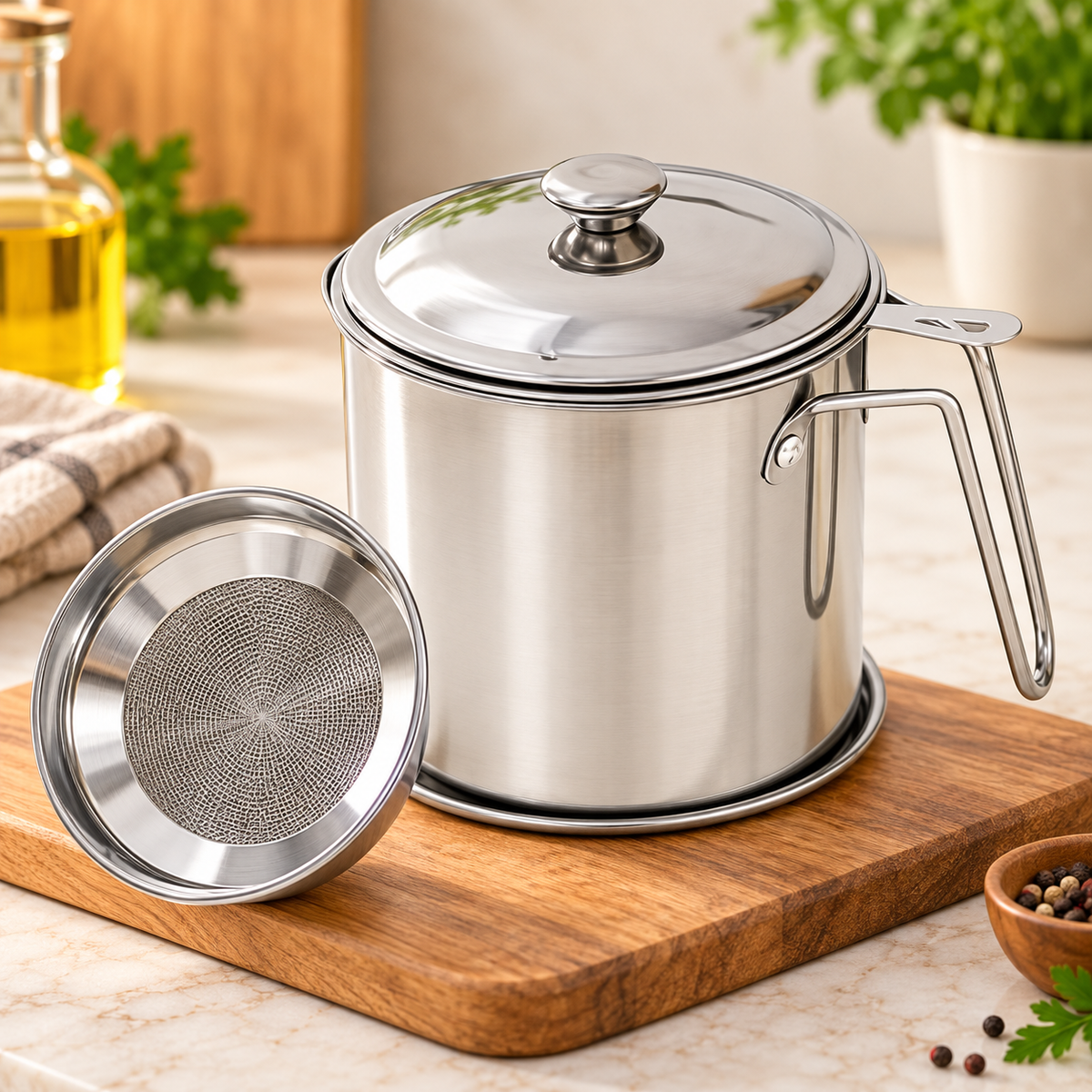 1.4L Stainless Steel Oil Filter Pot – Cooking Oil Strainer & Storage Container