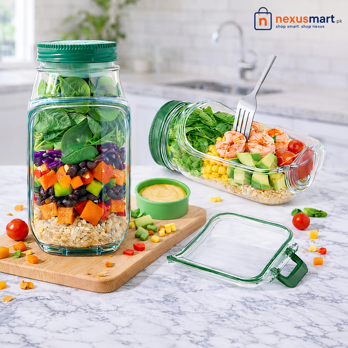 Leak-Proof Acrylic Salad Mason Jar with Dressing Container – Portable Meal Prep Jar