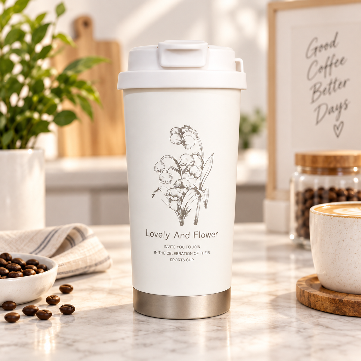 500ml Insulated Stainless Steel Travel Coffee Mug with Leak-Proof Lid, Strap & Straw