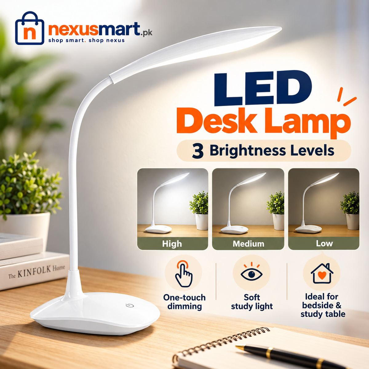 LED Desk Lamp with USB Charging – 3 Brightness Levels & Touch Control