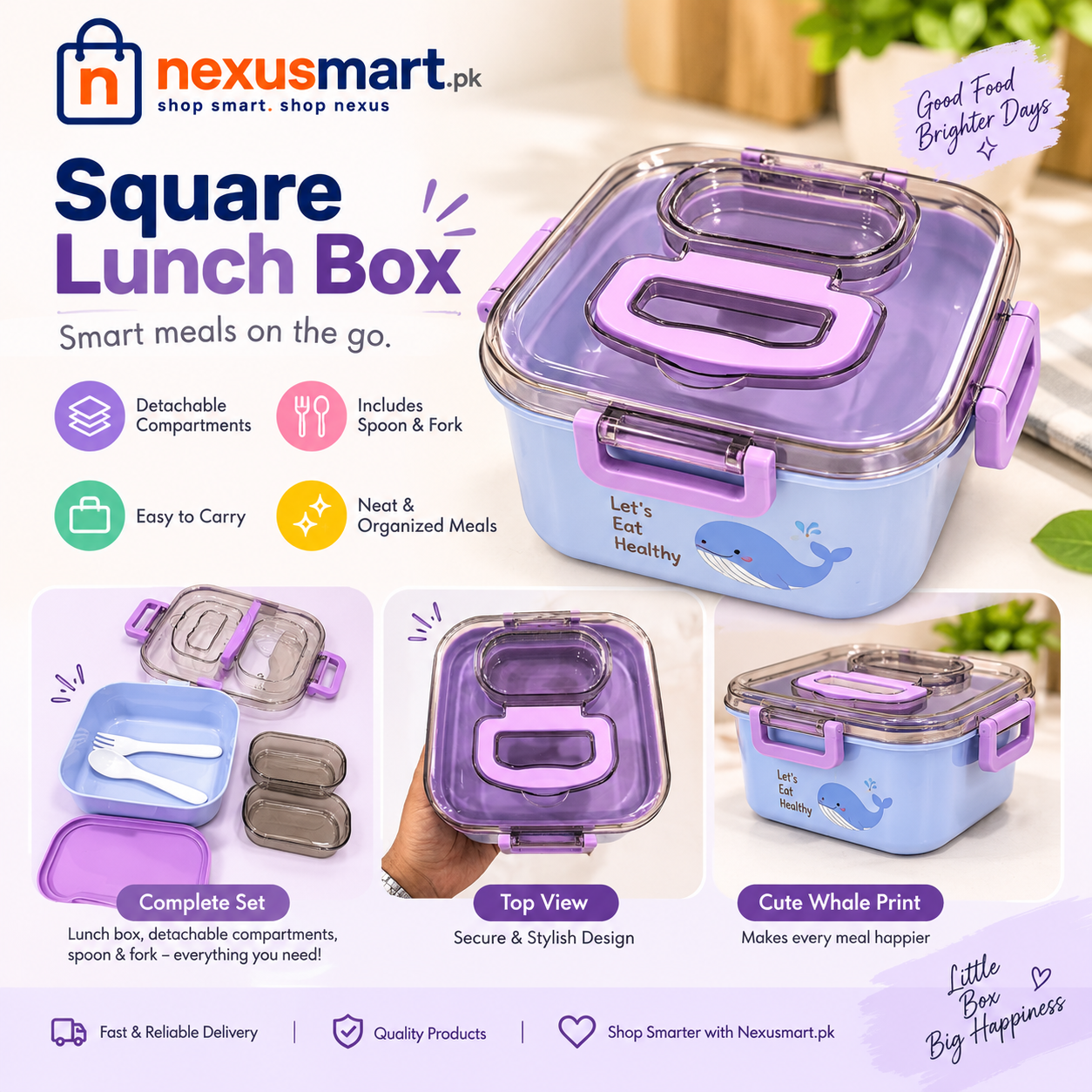 Square Plastic Lunch Box with Detachable Compartment, Spoon & Fork