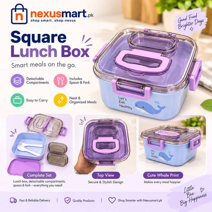 Square Plastic Lunch Box with Detachable Compartment, Spoon & Fork