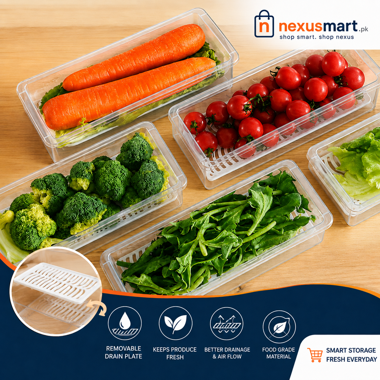 Fridge Organizer Food Storage Container with Removable Drain Plate