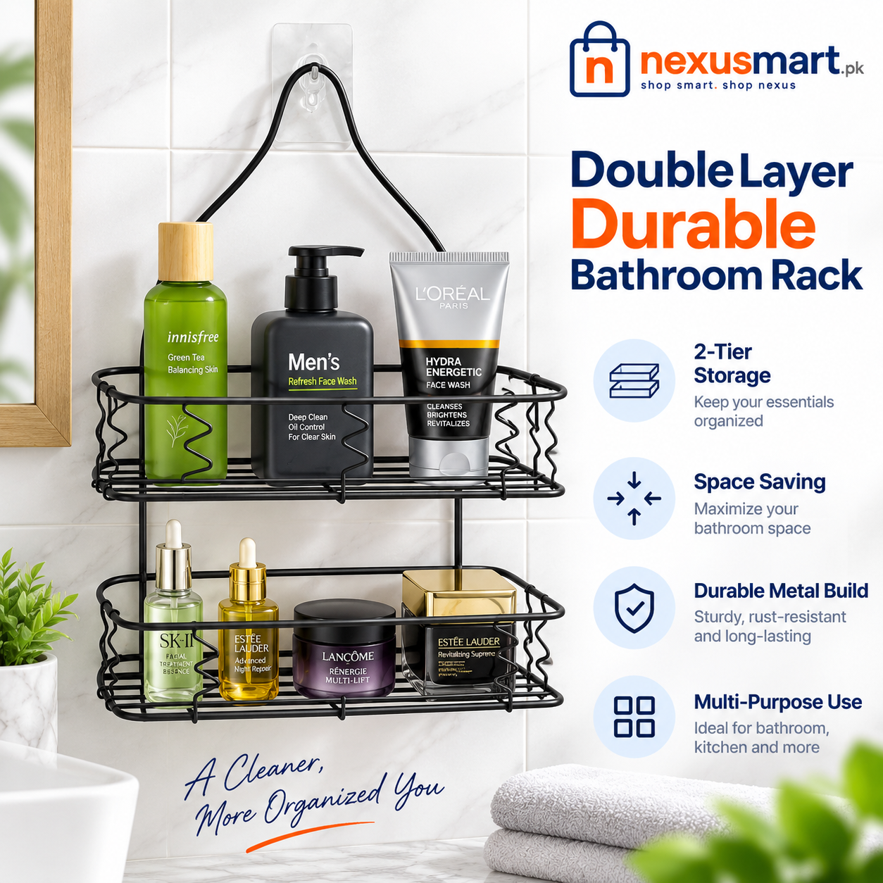 Double-Layer Bathroom Rack – Wall Storage Organizer