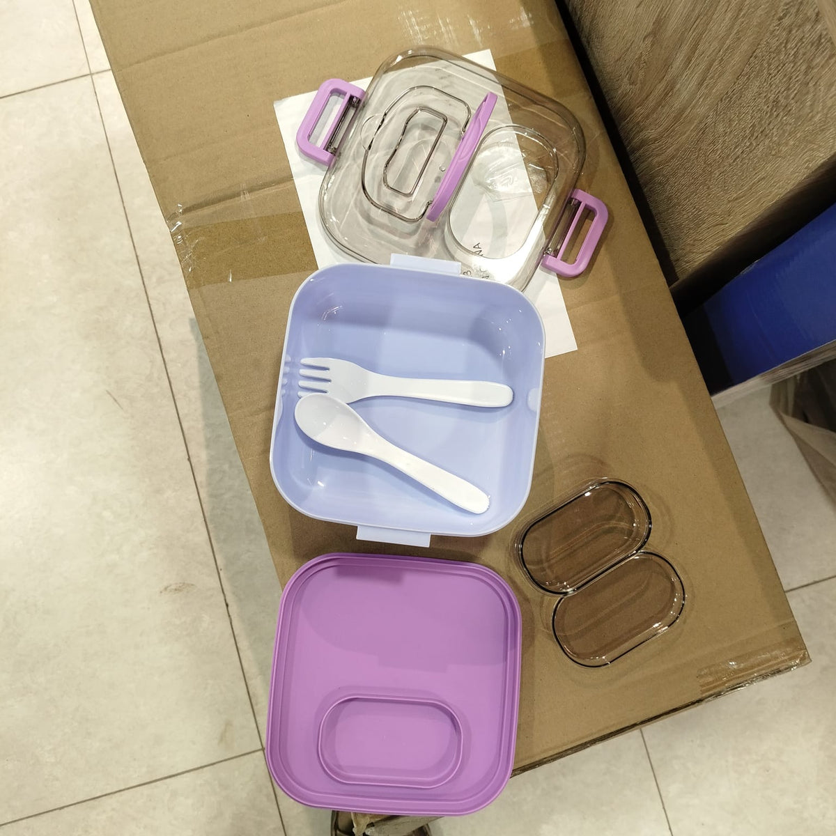 Square Plastic Lunch Box with Detachable Compartment, Spoon & Fork