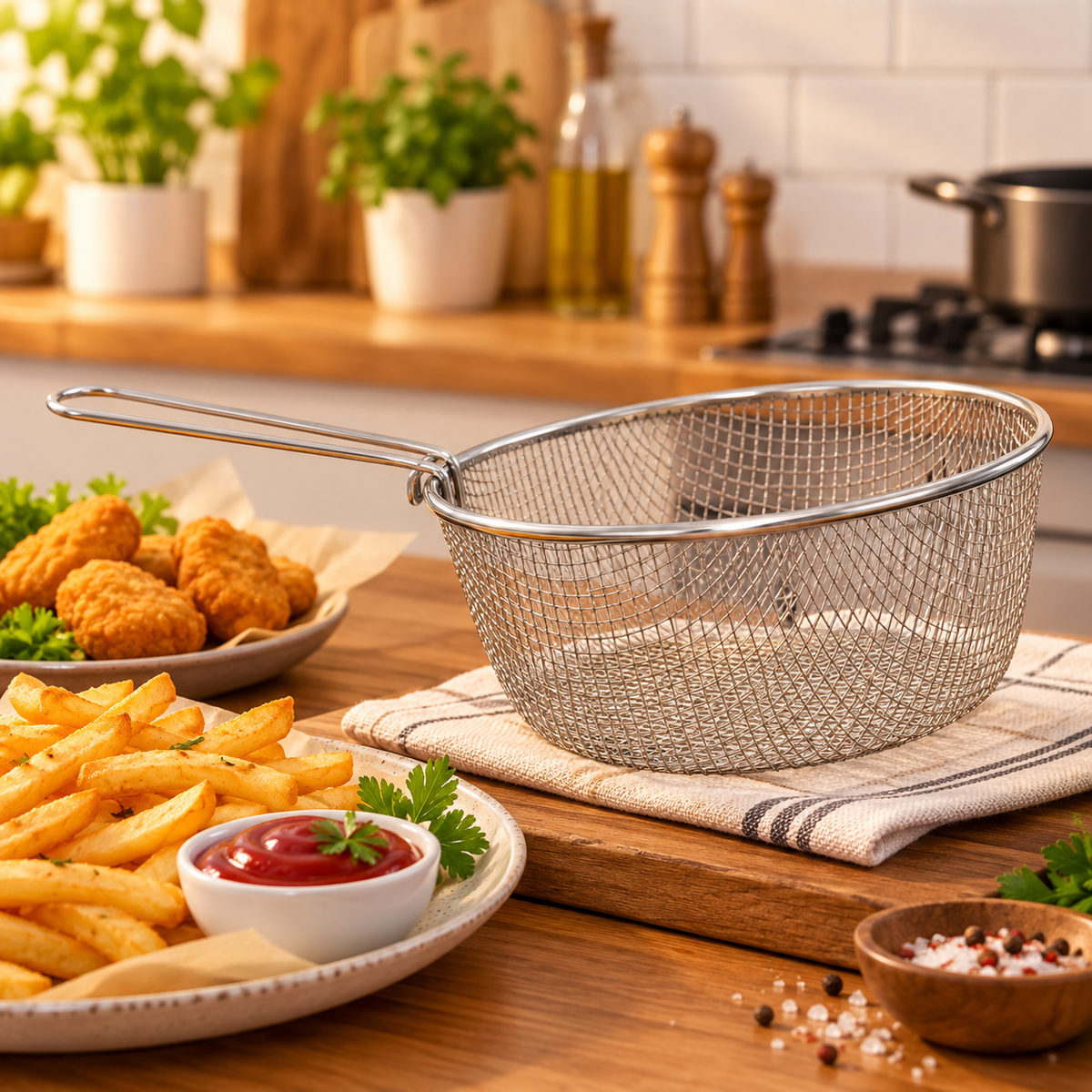 Round Stainless Steel Fryer Basket with Handle – Deep Wire Strainer