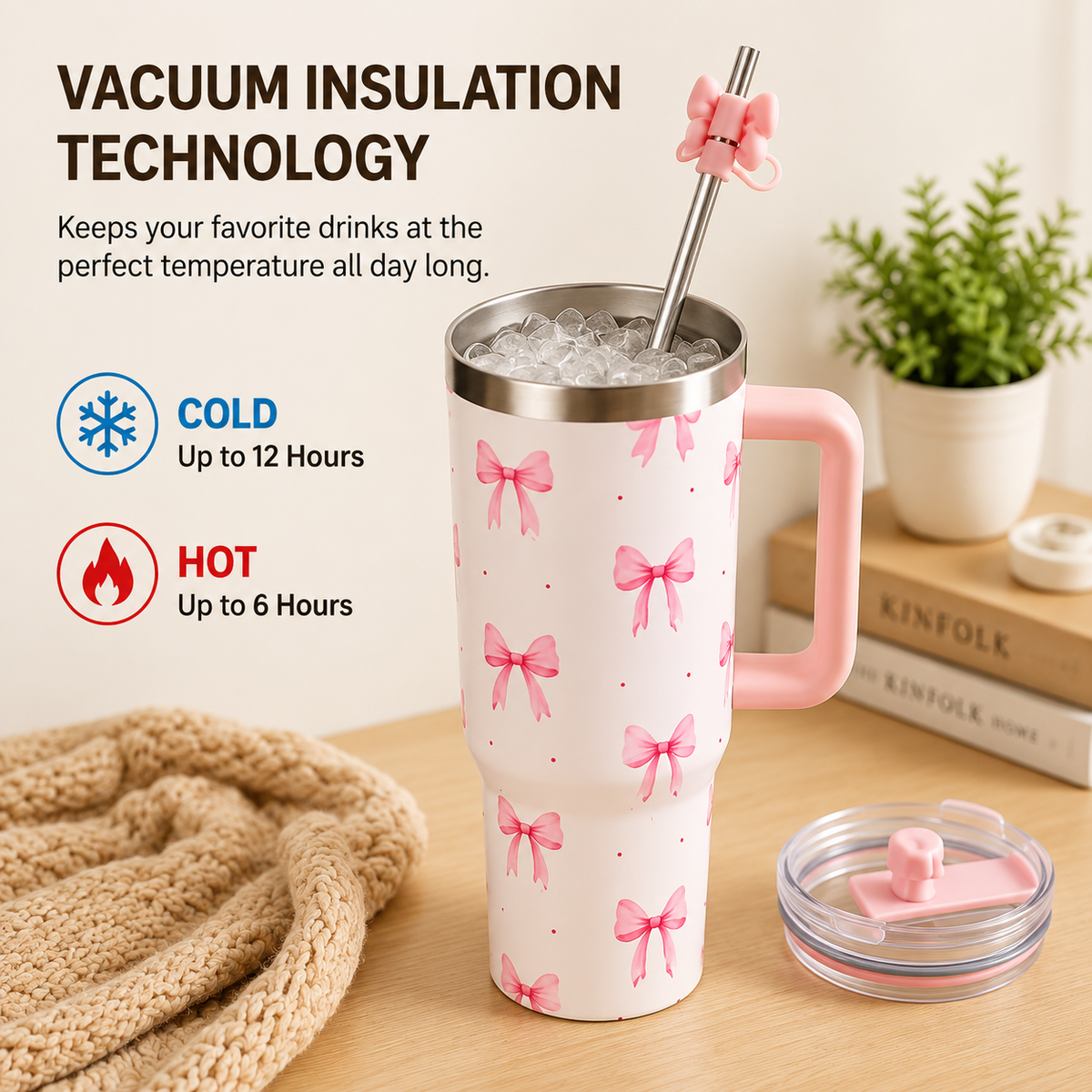1200ml Bow Design Vacuum Tumbler – Large Insulated Drink Cup