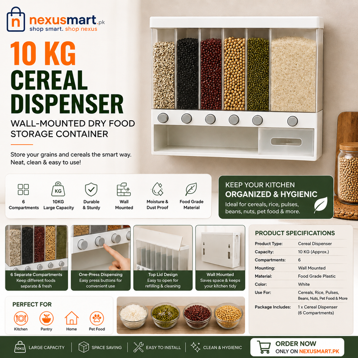 10KG Wall-Mounted Cereal Dispenser – 6-Compartment Dry Food Storage Container