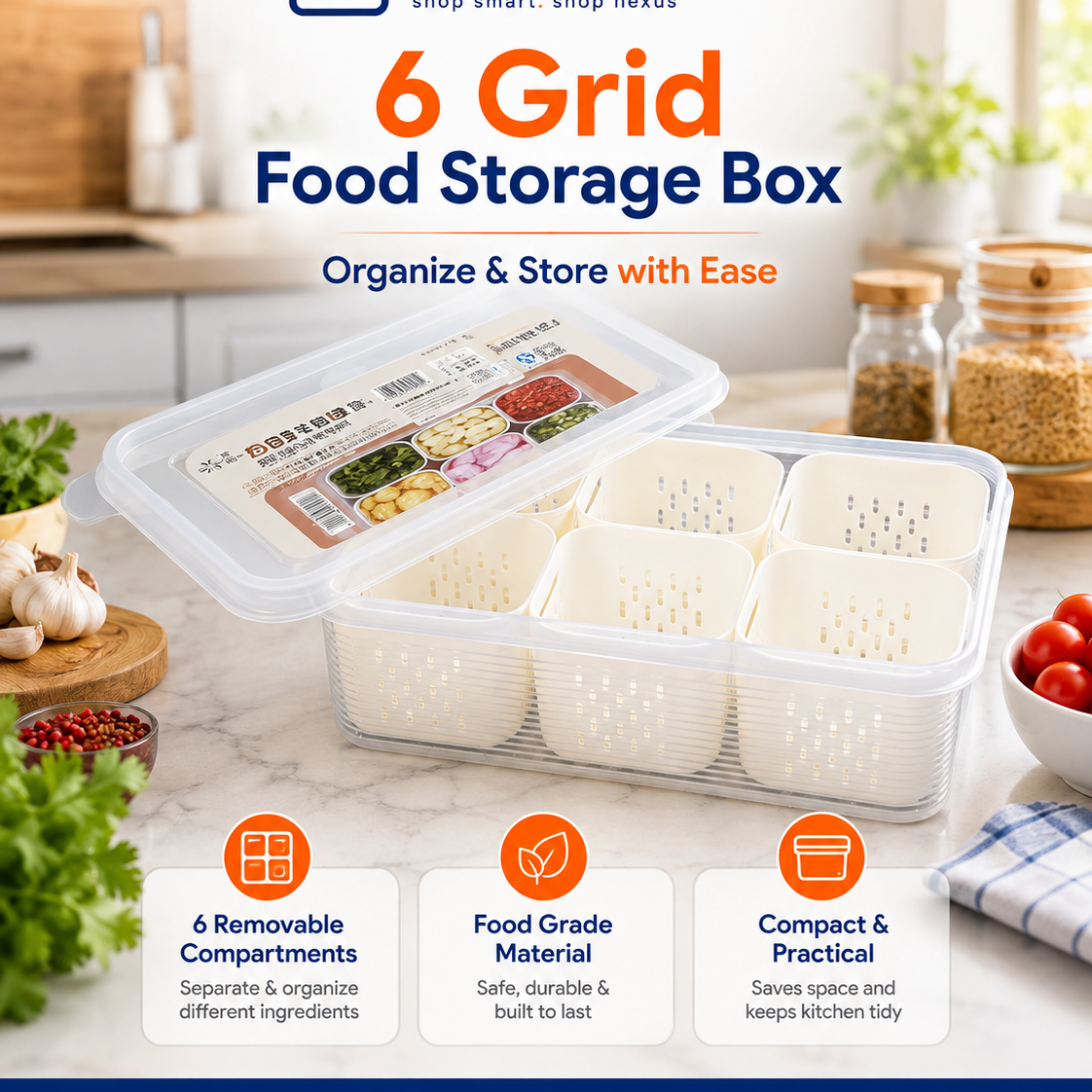 6 Compartment Multi Purpose Food Storage & Drain Box with Lid
