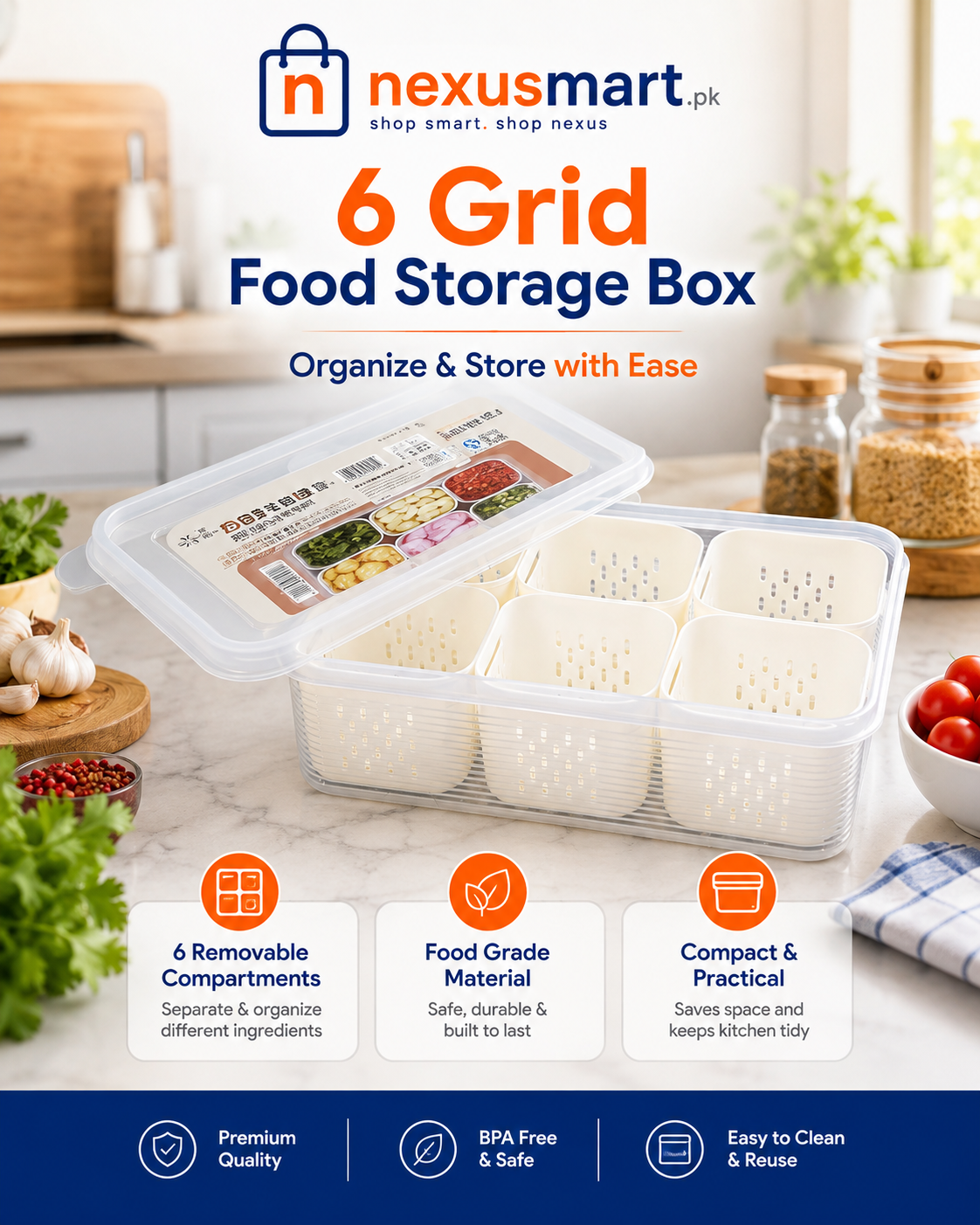 6 Compartment Multi Purpose Food Storage & Drain Box with Lid