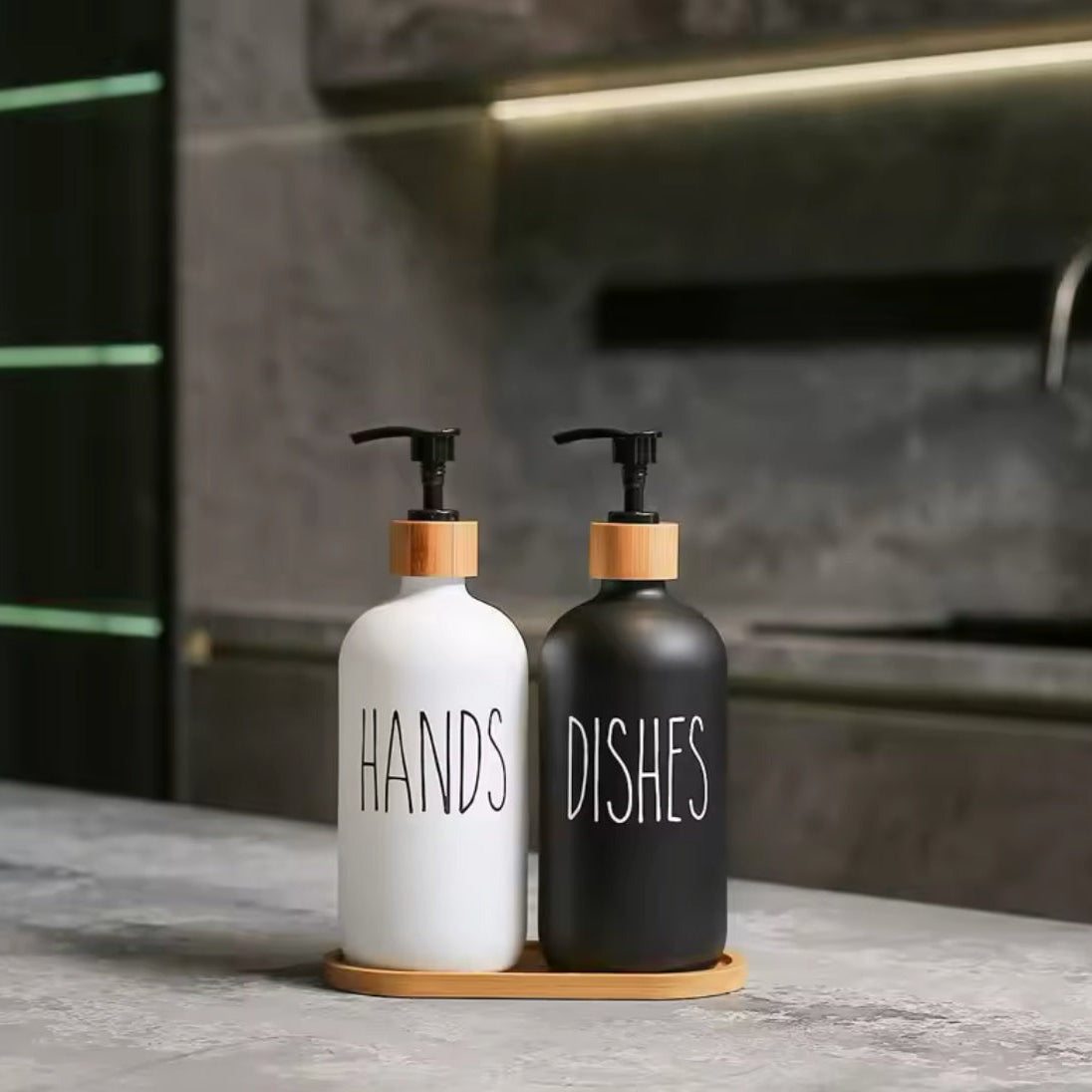 Hand & Dish Soap Dispenser Set With Wooden Base view 2 - Nexusmart Pakistan