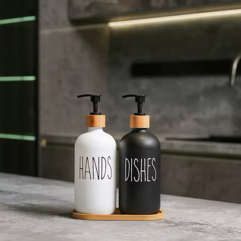 Hand & Dish Soap Dispenser Set With Wooden Base view 2 - Nexusmart Pakistan