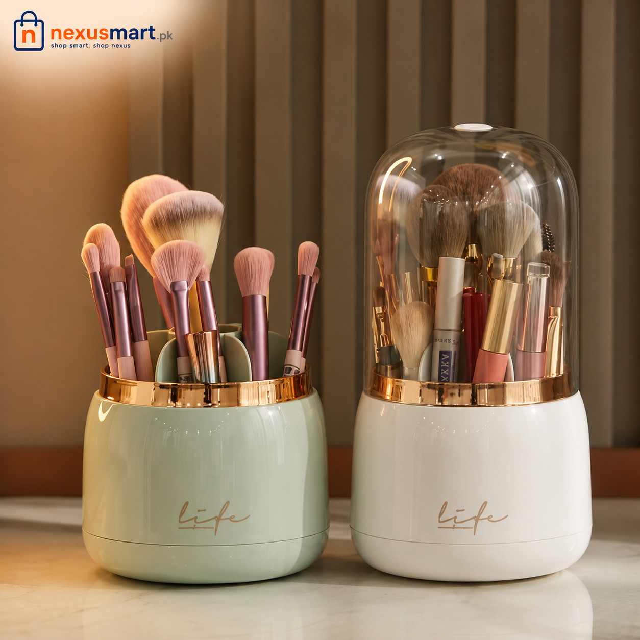 Fancy 360° Rotating Makeup Brush Holder with Lid – Dust-Free Vanity Organizer