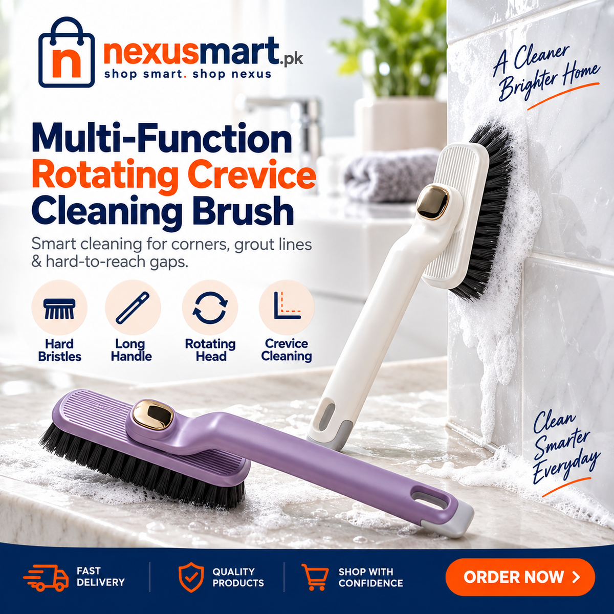 360° Rotating Crevice Cleaning Brush – Hard Bristle Gap & Toilet Cleaning Tool