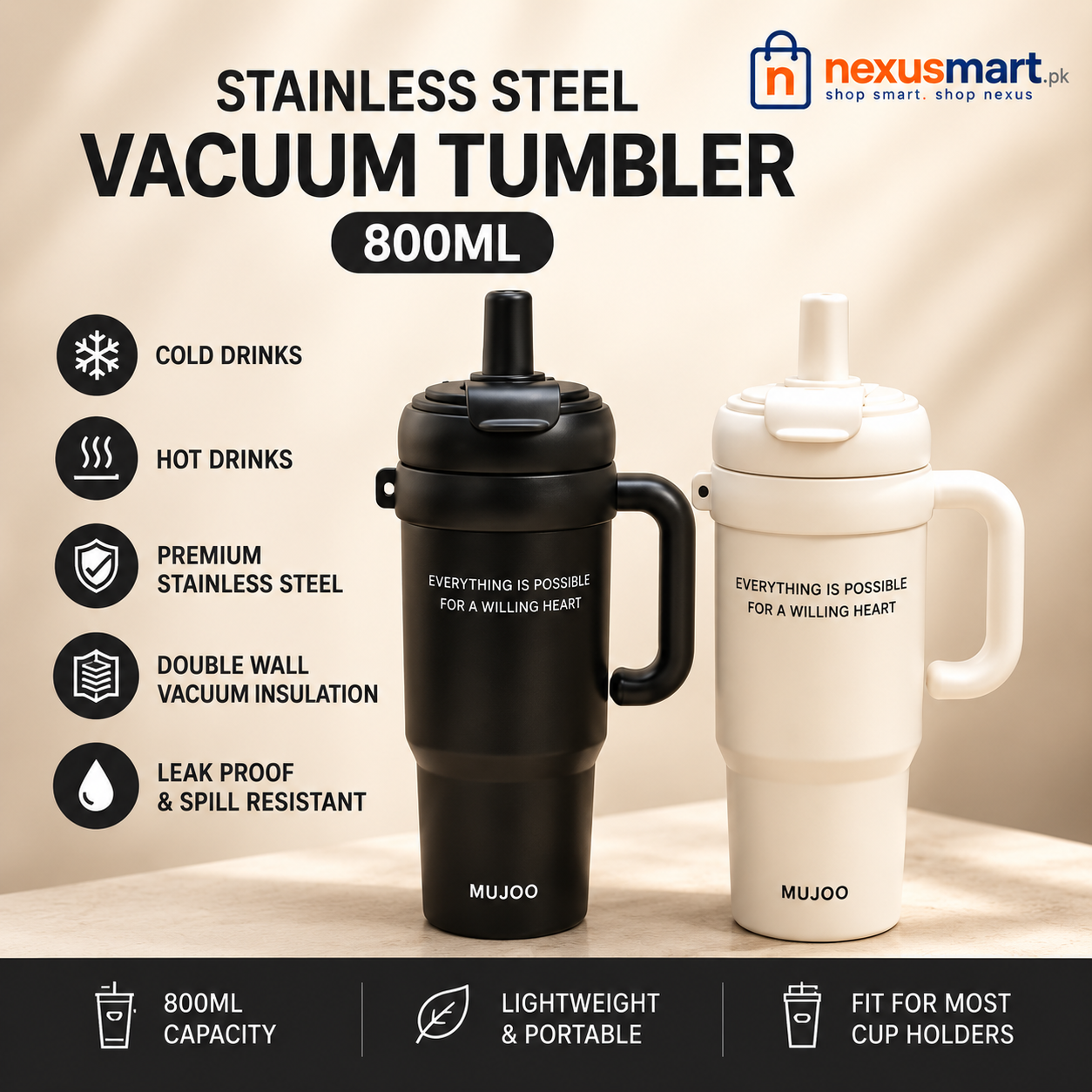 800ml Vacuum Tumbler – Large Reusable Drink Cup