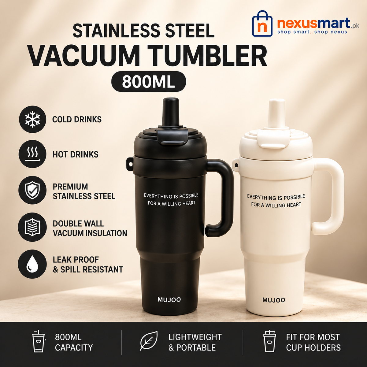 800ml Vacuum Tumbler – Large Reusable Drink Cup