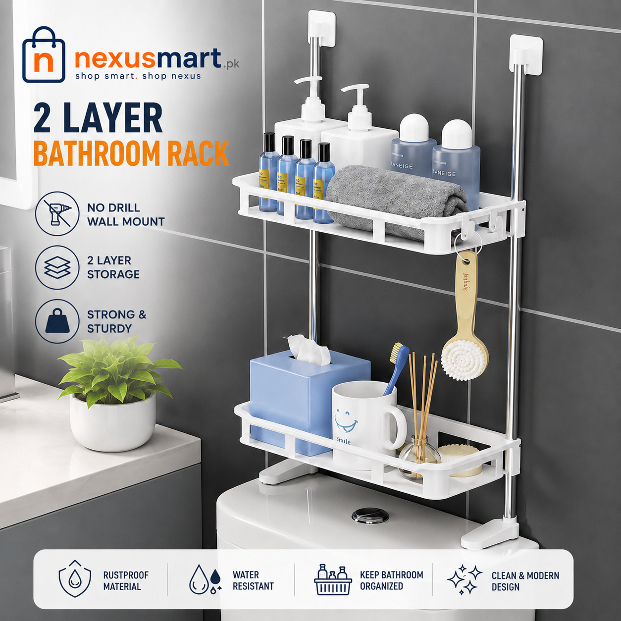 2-Layer Bathroom Storage Rack – Space-Saving Over-Toilet Organizer with Hooks