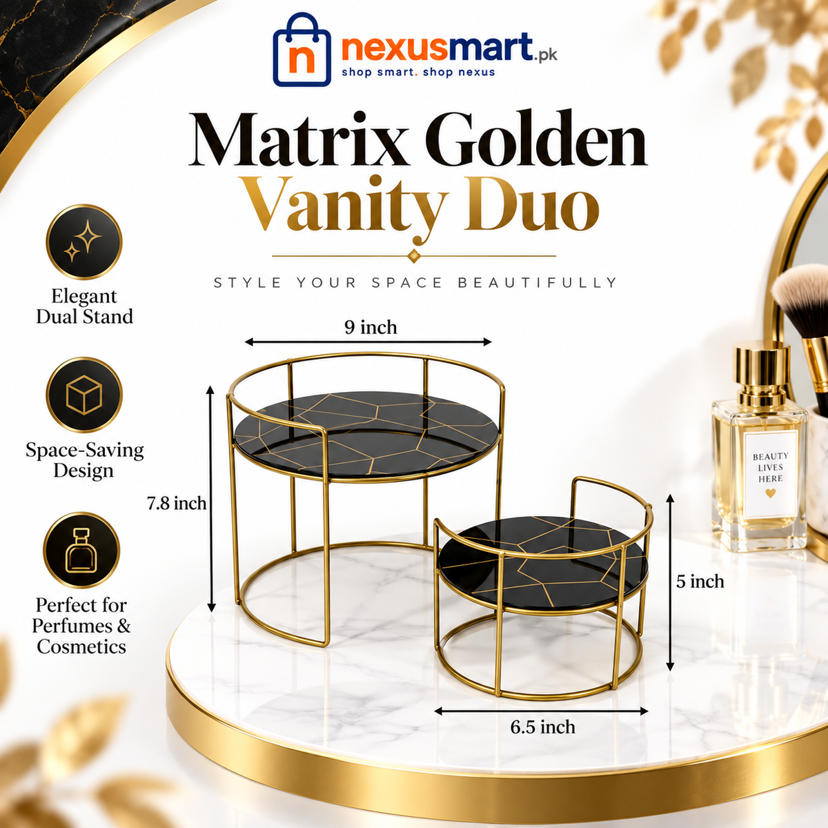 Matrix Golden Vanity Duo – Decorative Vanity Organizer Set
