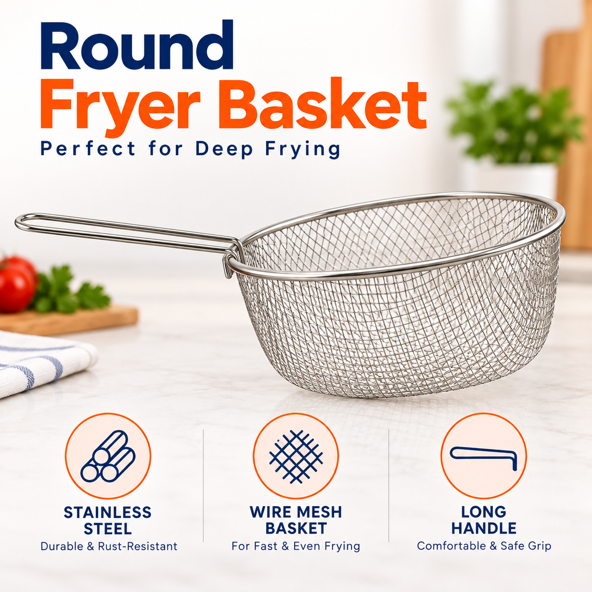 Round Stainless Steel Fryer Basket with Handle – Deep Wire Strainer