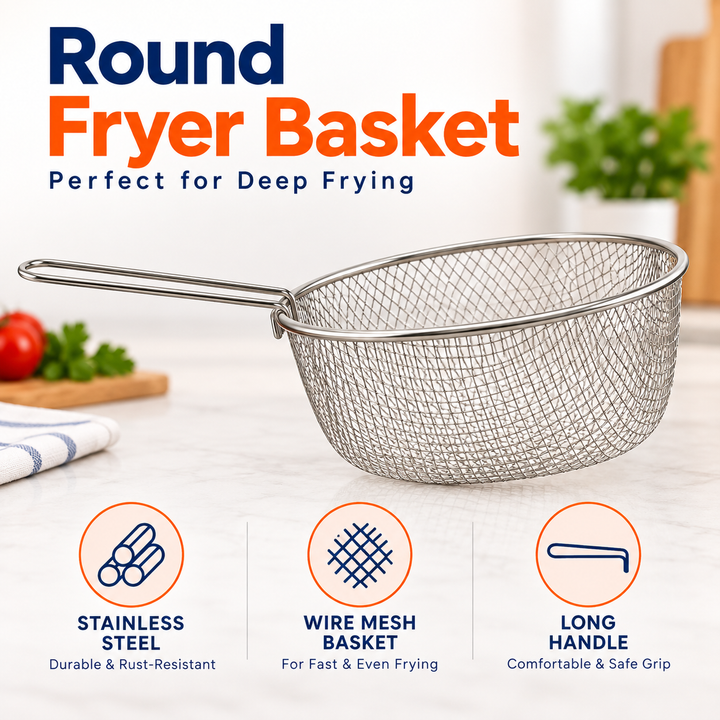 Round Stainless Steel Fryer Basket with Handle – Deep Wire Strainer